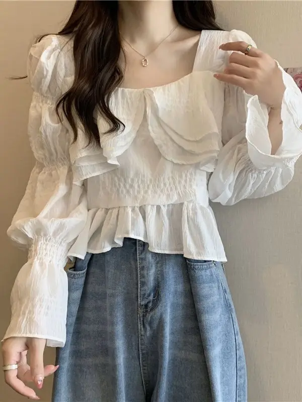 

French Temperament Black Shirt Women's Spring New Unique Chi Sweet Style Bubble Sleeve Polyester Fiber Thin Long Sleeve Squar...