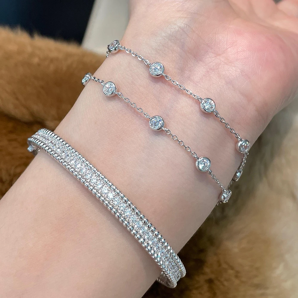 4MM 2.4cttw Bezel Moissanite Bracelets For Women S925 Silver Plated 18K White Gold Round Bubble Hand Chain Party Jewelry Gifts