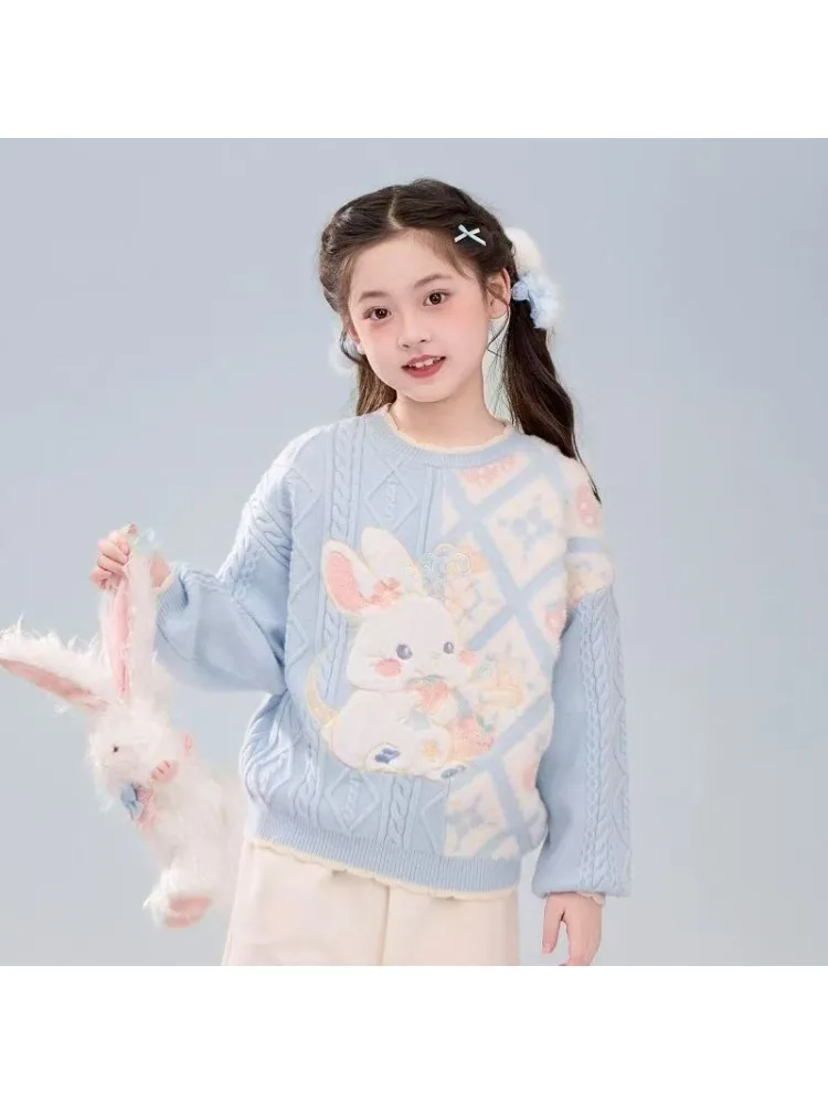 سترة أطفال جديدة للخريف والشتاء، سترة صوفية كرتونية سميكة ودافئة للفتيات، بلوزة سفلية على شكل أرنب لطيف للأطفال
