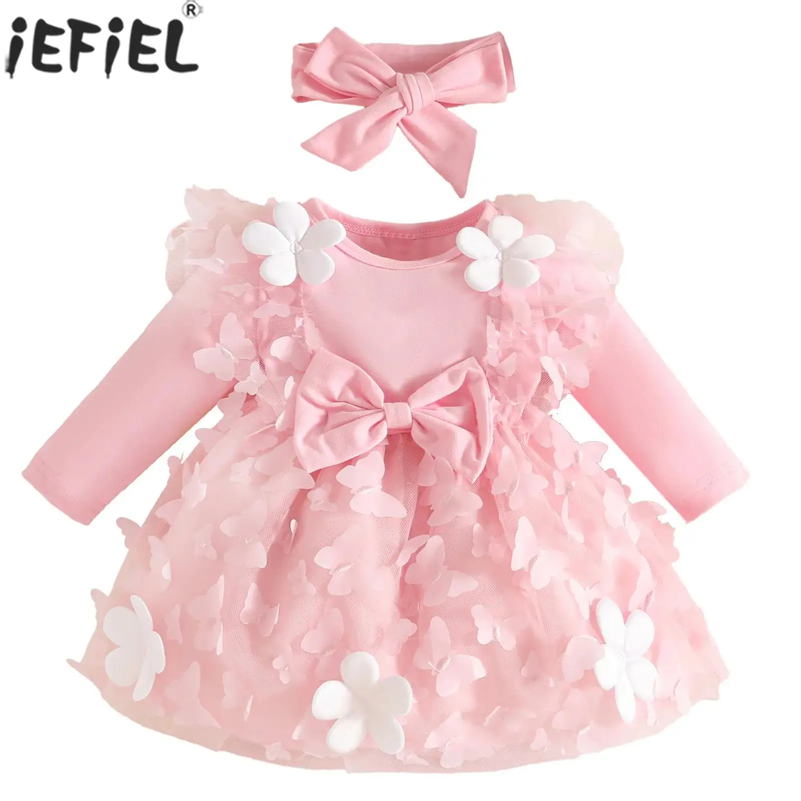 

Baby Girls Sweet Cute Princess Tutu Dress Long Sleeve Flower Bow Tulle Ball Gown with Headband Birthday Party Wedding costume