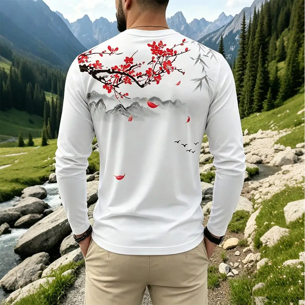 Chinese Style Ink Plum Blossom Long Sleeve T-Shirt Men's Vintage Landscape Print Casual Base Layer Shirt Fashion Streetwear Top