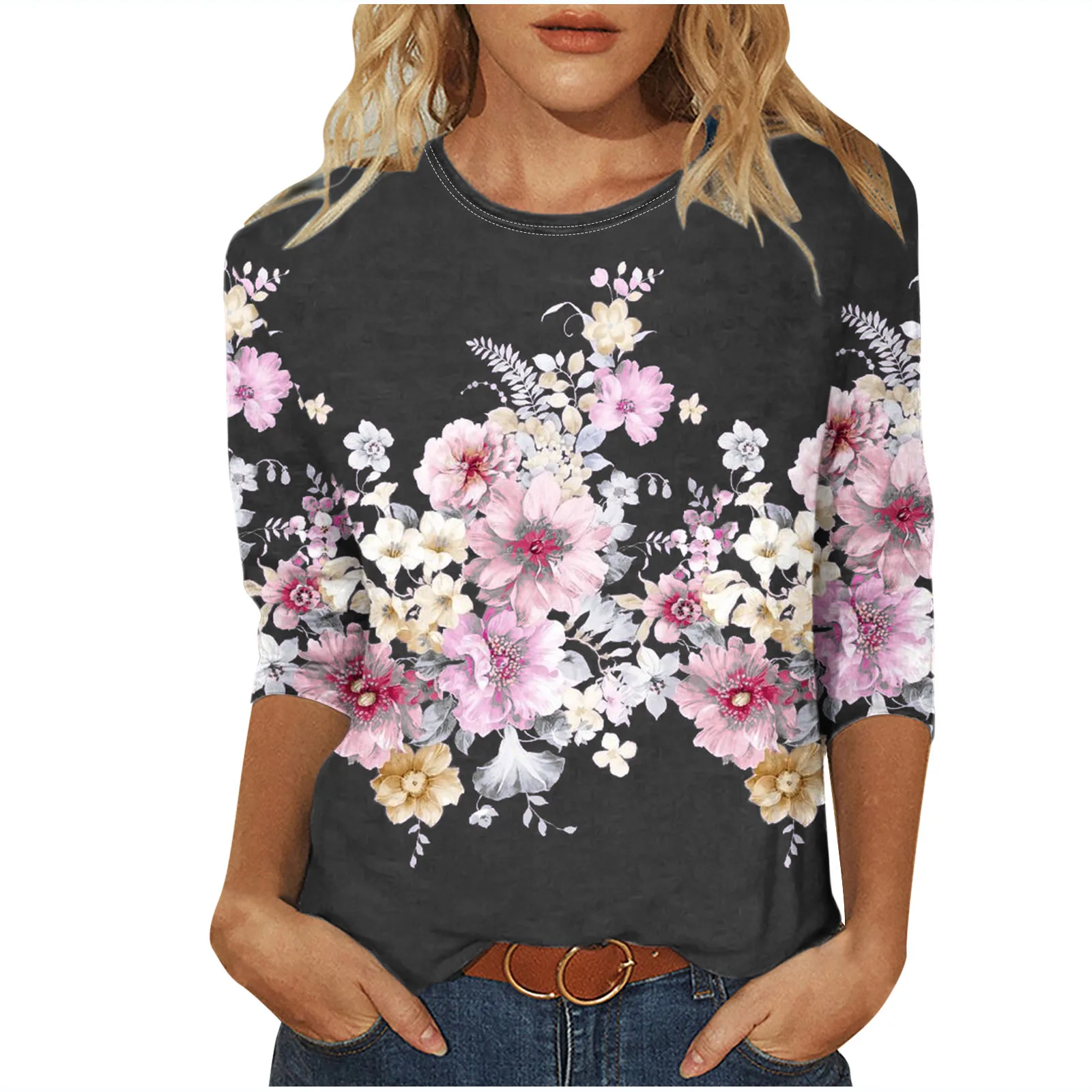 Plant printed round neck top for casual 2024 new model, covering flesh and slim fitting, women's seven quarter sleeves WA21