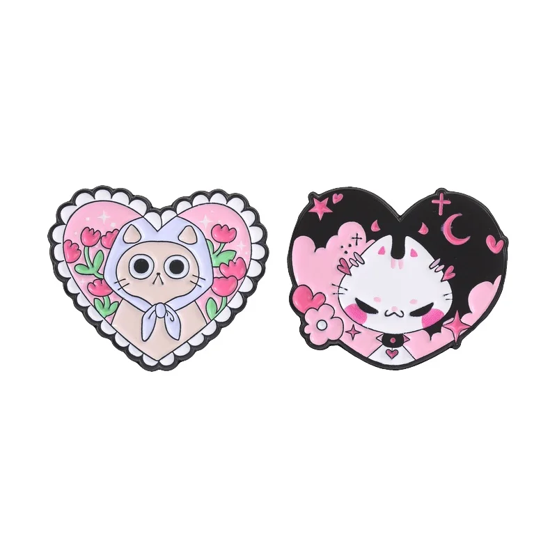 Pastel Tulip Floral Heart Cat Enamel Pin Dark Star Moon Angry Devil Cat Brooch for Best Friend Couples Bag Lapel Decoration Gift