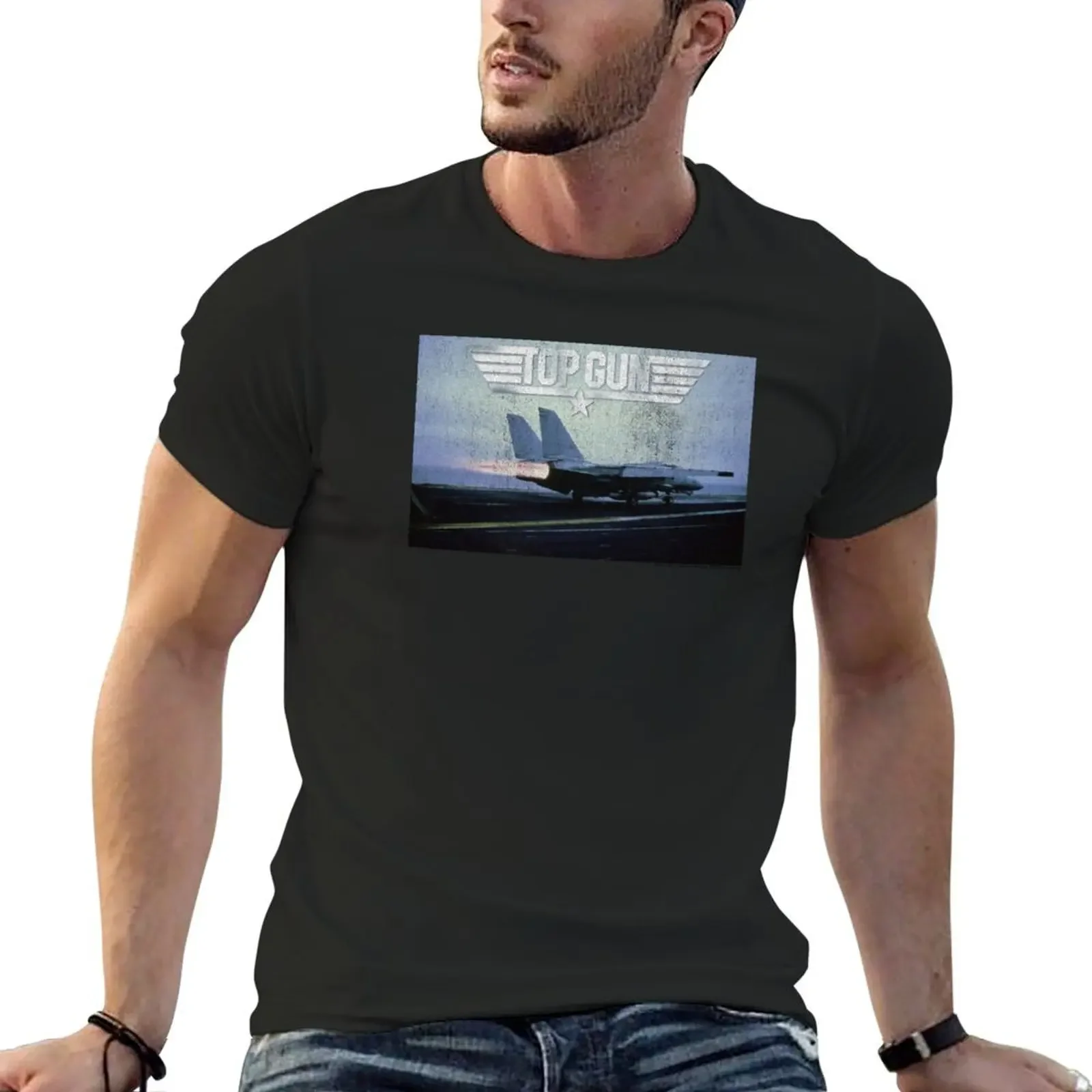 

Top Gun Jet and Logo Distressed Photo T-Shirt blacks for a boy summer tops mens clothing