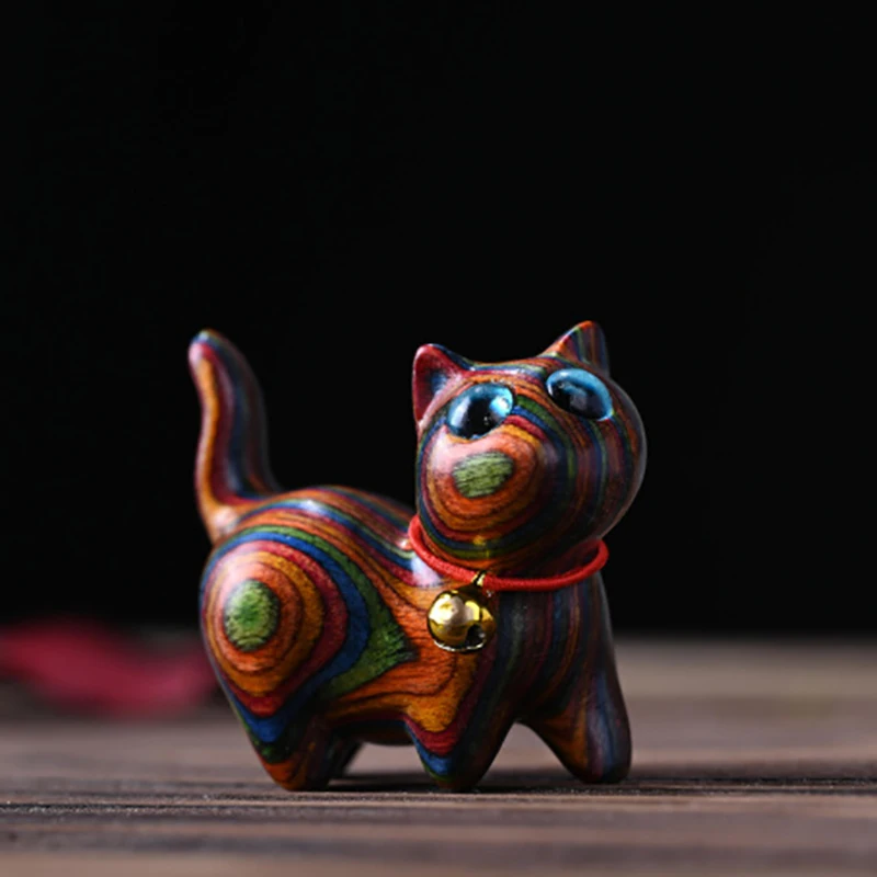 Rainbow Wood Carving Cat Sculptures Cat Ornaments Cute Colored Wooden Cat Desktop Office Accessories Home Decor Gift Souvenirs
