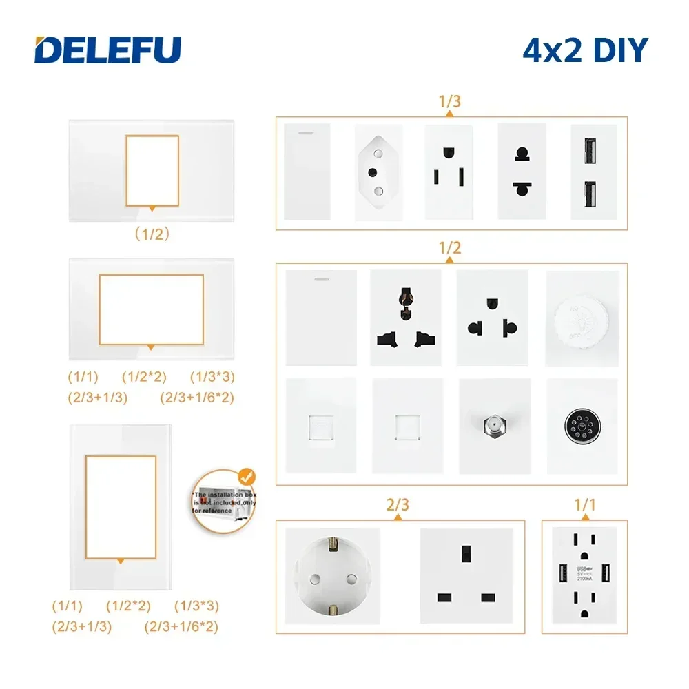 DELEFU English, Multi-functional Free Combination Computer USB Type C Wall Socket DIY White