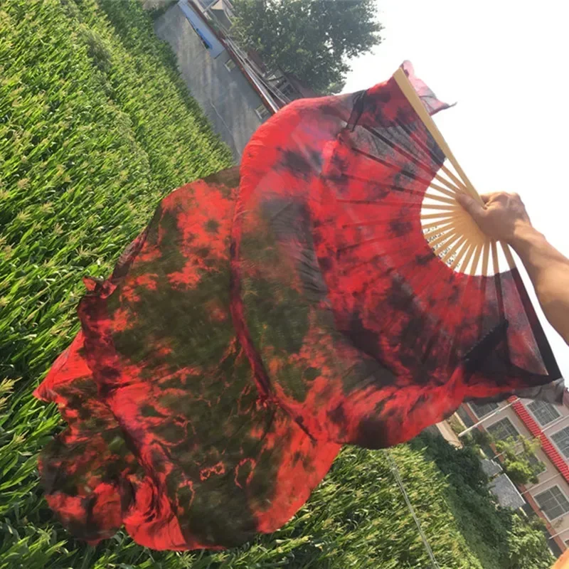 Wholesale Tie Dye Pure Silk Fan Veils China Traditional Bamboo Long Fan For Bellydancer Oriental Dance Practice