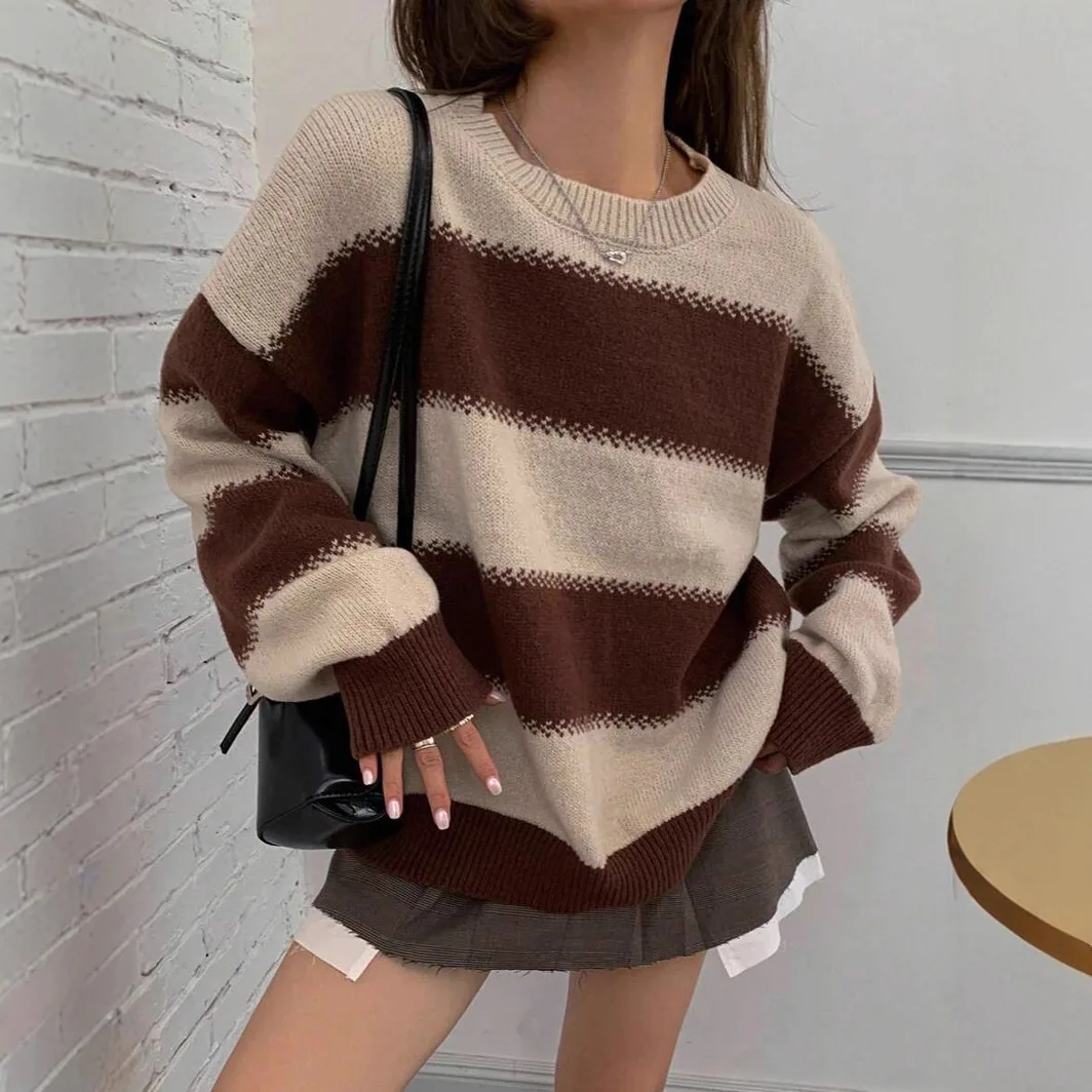 

Women Knitted Pullovers Sweaters Striped Jumper Color Blocked Long Sleeve Round Neck Loose Casual Office Lady 2025 Autumn Winter