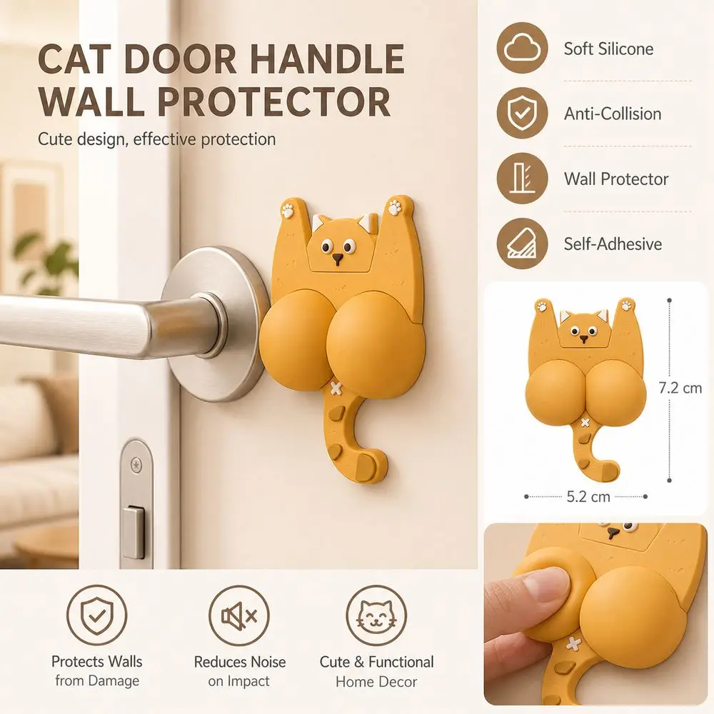 3D Cat Shape Anti-Collision Pad Soft Cushioning Cartoon Door Handle Protection Mat Impact Absorbing Self Adhesive