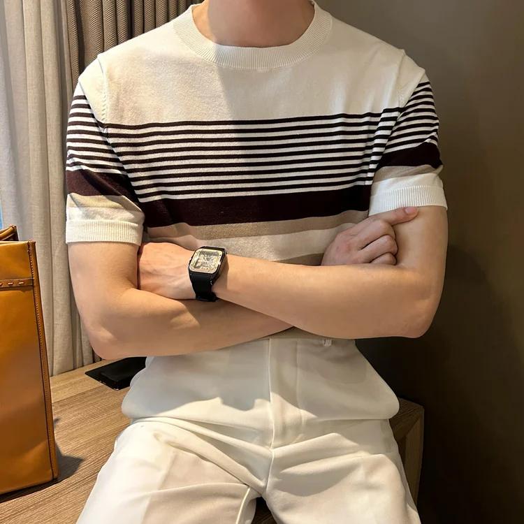 Summer Men's Striped Short-sleeved T-shirt Luxury Trend Fashion Casual Half-sleeved High-quality Breathable Knitted T-shirt