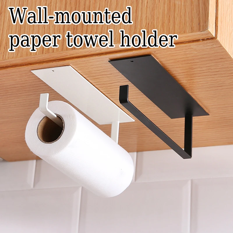 Carbon Steel Tissue Holder Towel Rack Punch-Free Wall Organizer for Bathroom Kitchen