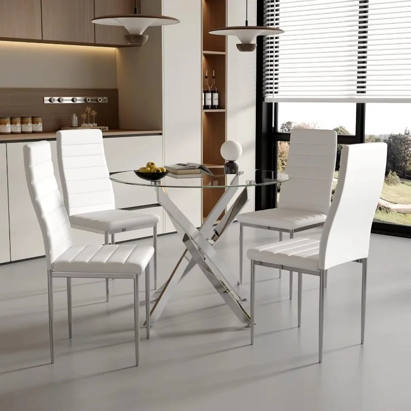 Modern and elegant dining room furniture Glass top table, chrome cross legs, suitable for home office living