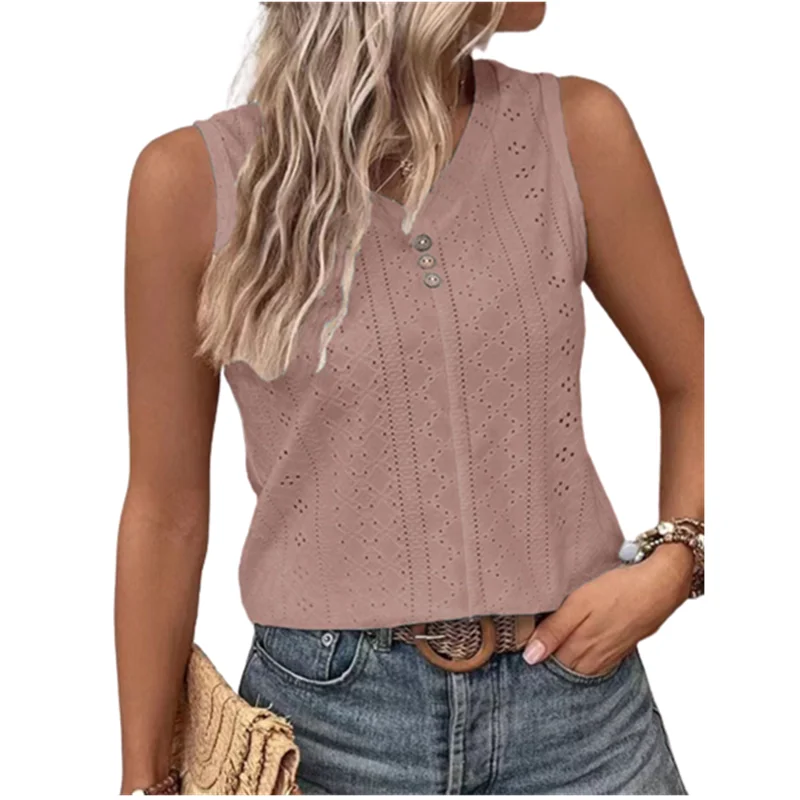 2023 Women Blouses Summer Sexy Tank Hollow V-Neck Button Loose Shirts Elegant Sweet Casual Sleeveless Solid Color Oversized Tops