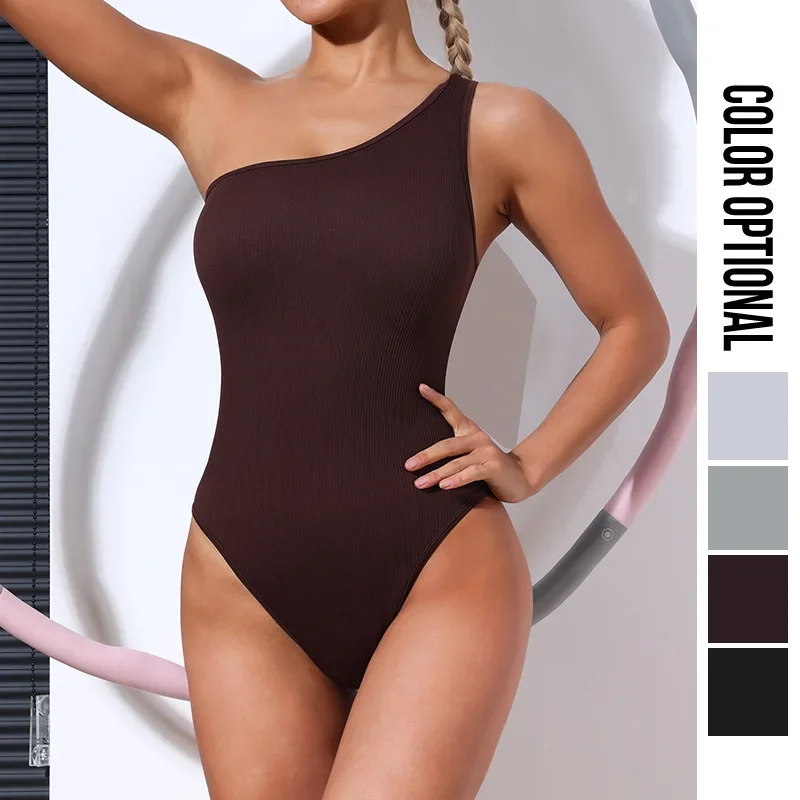 New Women Gym Wear Workout Clothing Bodysuits Sexy One Shoulder Fitness Yoga Suit One Piece Ribbed Jumpsuits Yoga Sportswear