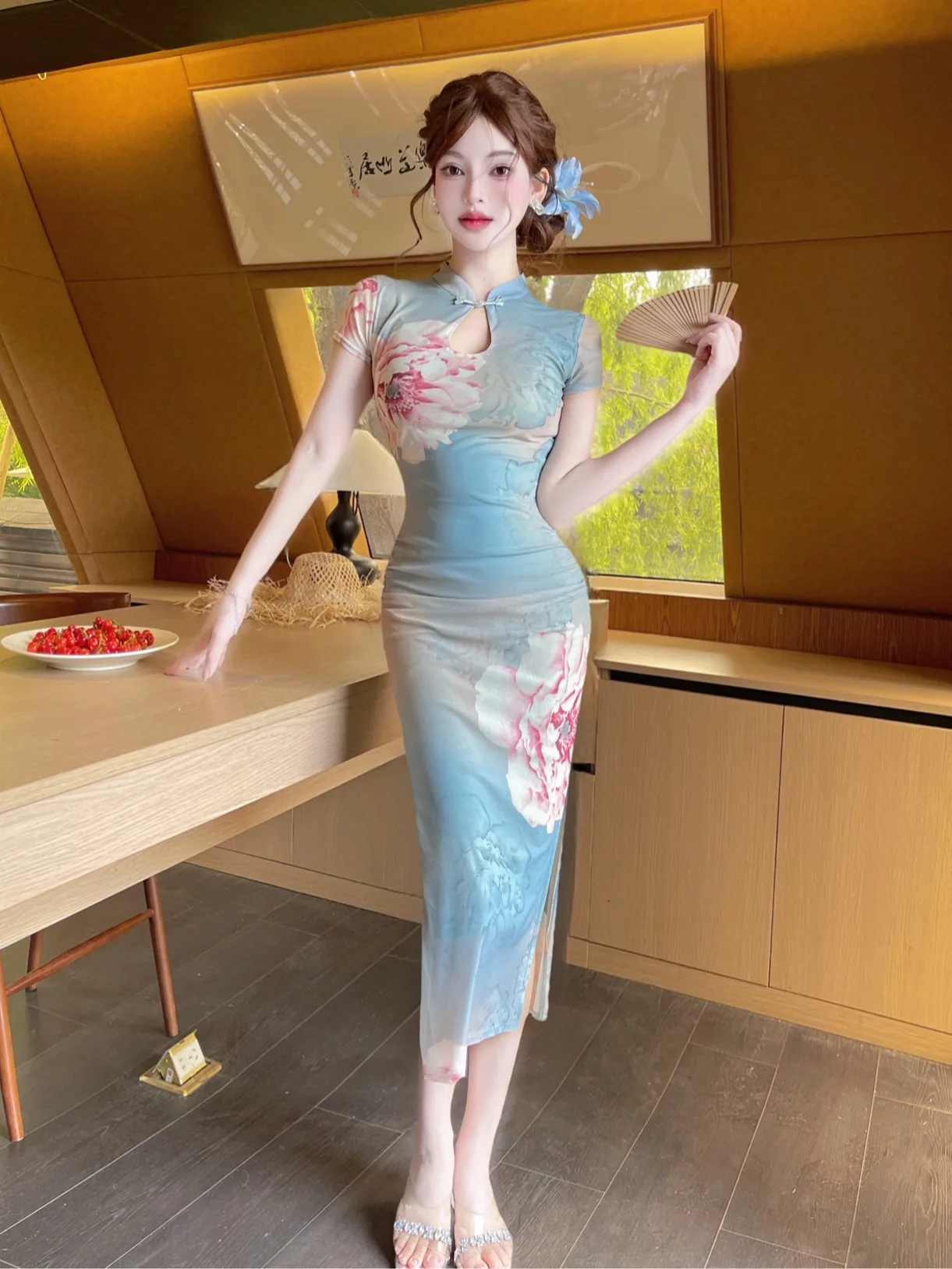 

New Chinese Style Printed Modified Dress Summer Elegant Light Maturity Lady Slimming Long Split Skirt High Waist ...