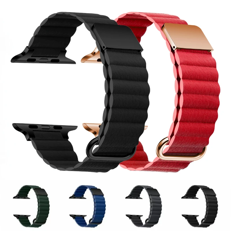 

Magnetic Loop Bracelet for Apple Watch 9 8 7 45mm 41mm Leather Metal Stainless Steel Bracelet for 6 5 4 3 SE 44mm 42mm 40mm 38mm