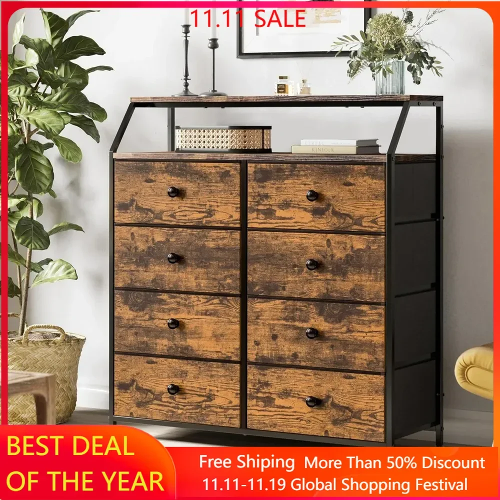 

Dresser for Bedroom with 8 Drawers, Tall Chest of Drawers with Shelf Steel Frame, Large Storage Tower Organizer Unit, Dressers