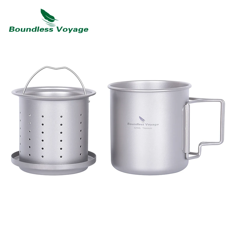 

Boundless Voyage Titanium 420ml Tea Mug with Strainer Folding Handle Outdoor Camping Portable Lightweight Coffee Cup with Filter