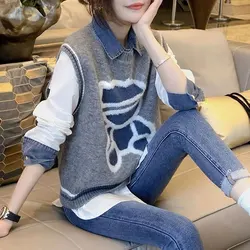 Streetwear Sleeveless O-Neck Sweater Vest Fashion Spliced Polo-Neck Chiffon Two Piece Set Autumn Winter Cartoon Knitted Jumpers