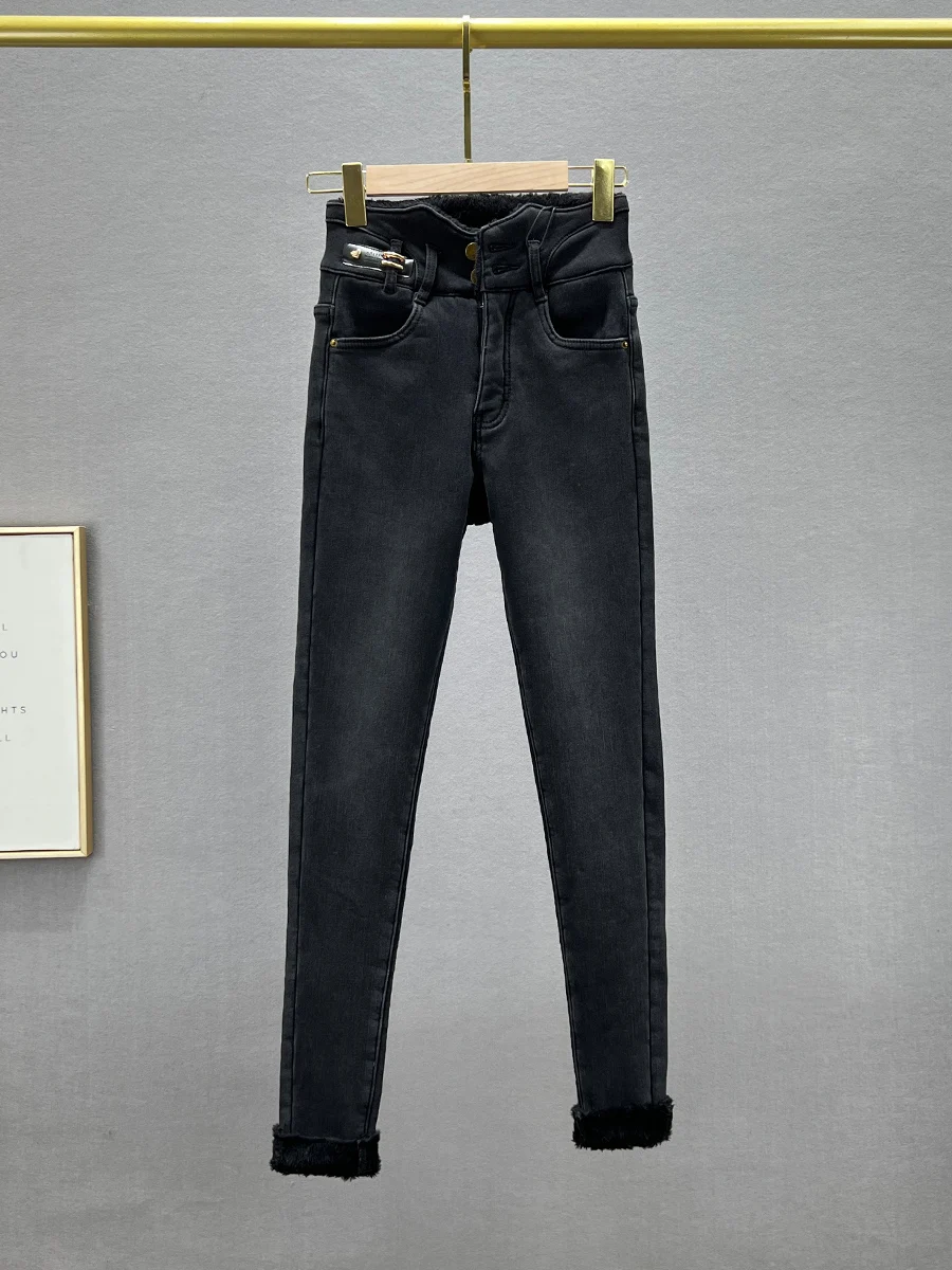 

Женские утепленные джинсы с высокой талией, облегающие, зимние, новые, модные, из хлопкового стрейч-денима, длинные брюки-карандаш