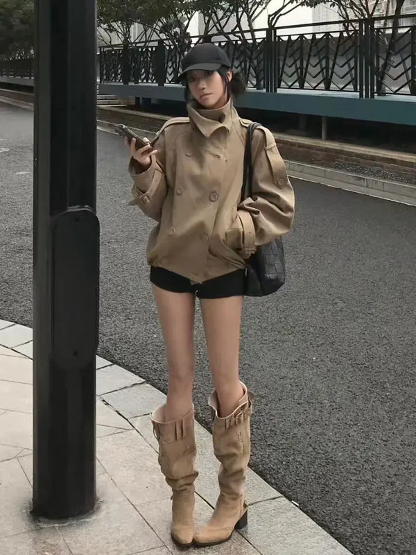 

Корейское короткое двубортное пальто с воротником-стойкой, уникальный дизайн, весенне-осенняя модная верхняя одежда, женская одежда