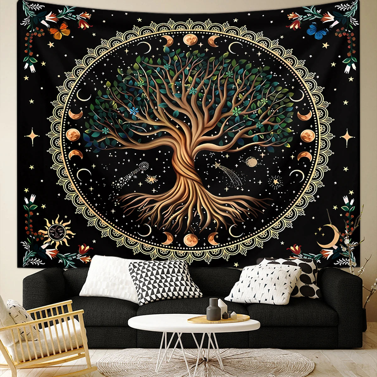 1pc Lebensbaum Tapisserie, Mondphase Tapisserie, böhmischer Wind Sternen himmel Tapisserie, Fantasy Universum Planet Tapisserie