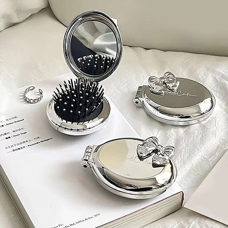 Silver Bow Tie Air Cushion Comb Cute Folding Massage Comb With Makeup Mirror Travel Portable Plastic Airbag Comb Hair Brush