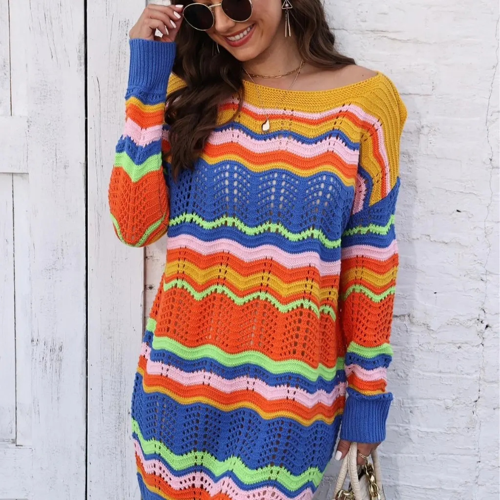 

Women's Rainbow Patterned Striped Pullover Sweater Dress Color Stitching European American Style Autumn Winter Fashion