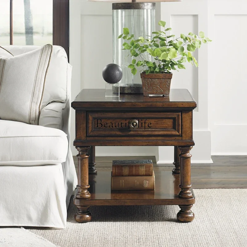 FG40American Retro Distressed Mahogany Wooden Square Corner Table European Carved Classical Bedside Table