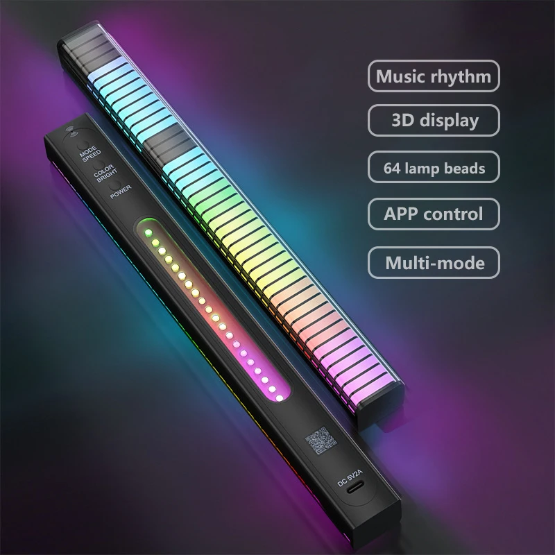 Novelty 64LED Ambient Night Light Strip Music Sound Control 3D Gaming Light RGB Pickup Rhythm Lamp For Bar Car Party Audio Decor