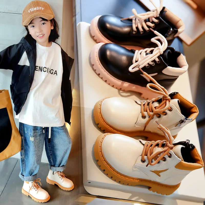 

Autumn & Spring Fashion PU Female Children Ankle Boots Non-Slip Soft-Soled Girls Leather Shoes Size 26-36