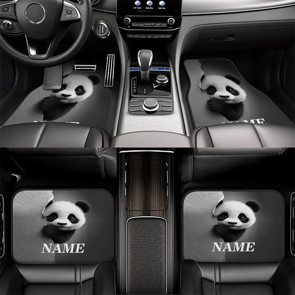 These 4pcs Customizable Car Floor Mats Feature Your Name And A Personalized Design Print With Cute Panda Decorations. They Make