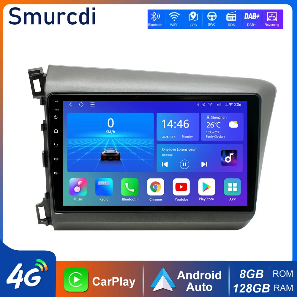 

Android 15 CarPlay Auto для Honda Civic 2012 2013 2014 2015, автомобильный радиоприемник, мультимедийный видеоплеер, DSP, GPS-навигация, 2 din, авторадио