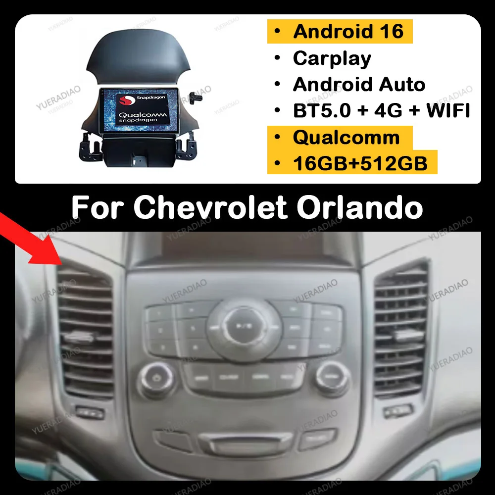 Android 16 Autoradio für Chevrolet Orlando 2009 2010 - 2018 GPS NAVI Qualcomm 2DIN Multimedia-Videoplayer QLED 4G LTE 5G WIFI
