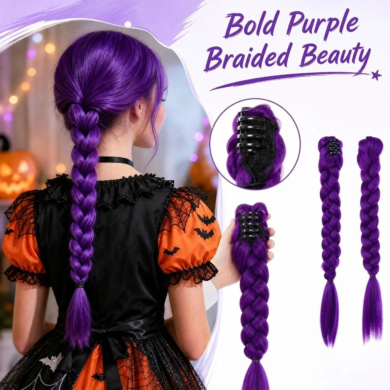 Synthetic Long Braided Purple Hair Ponytail Extensions Rumi Hairstyle Claw Clip Hair Wig Halloween Christmas Party Cosplay Props