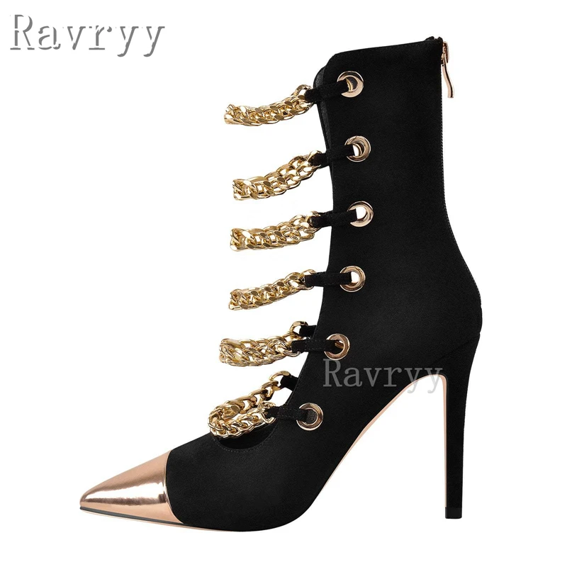 

New Pointed Toe Super High Heel Short Boots Metal Chain Decor Back Zipper Stiletto Heels Fashion Runway Women Boots Large Size