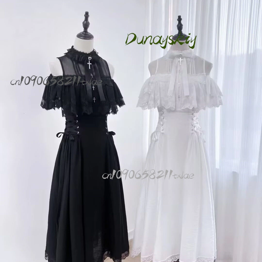 Jirai Kei النمط الياباني لوليتا فستان الدانتيل المرقعة قبالة الكتف تصميم ربطة القوس فيونكة فستان مربوط الخصر تنورة طويلة هالوين تأثيري