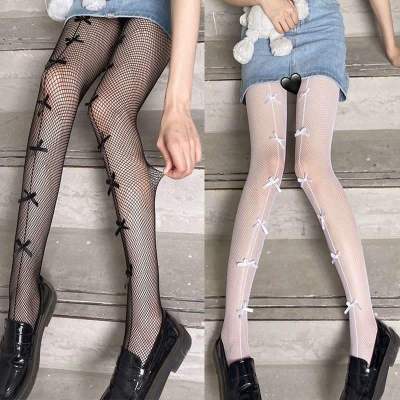 Lolita Black Sexy Bowknot Fishing Net Socks Long Leg Stocking Girls Women Pants Tights Nightclub Pantyhose Charm Knee Length Sox