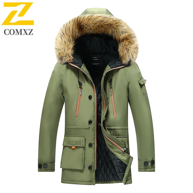 COMXZ 2025 New Men's Winter Mid-Long Cotton Jacket Korean Style Hooded Slim-Fit Thickened Warm Outerwear outdoor Street Dates​