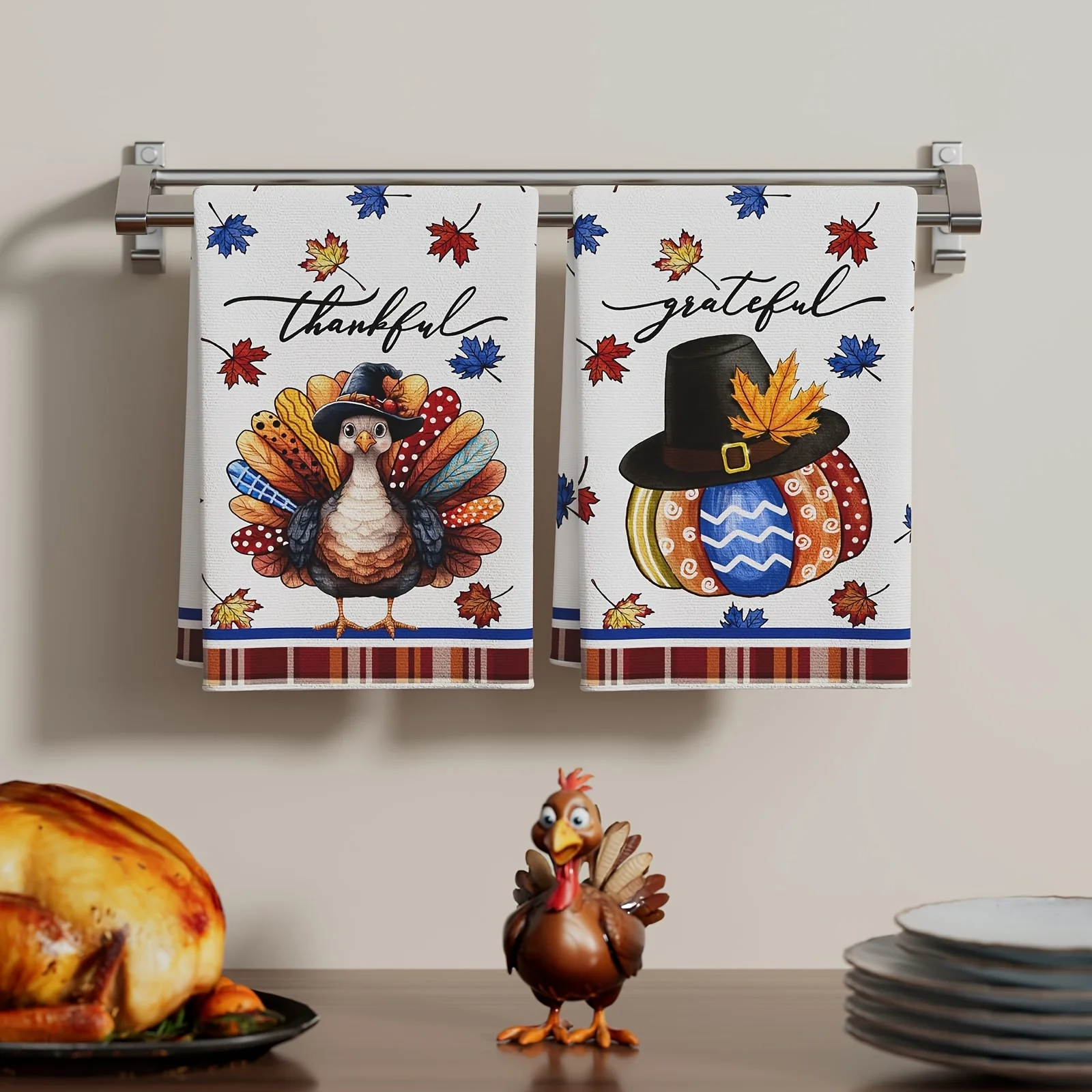 2-Piece Colored Turkish Pumpkin Thanksgiving Fall Kitchen Towel Dishcloth