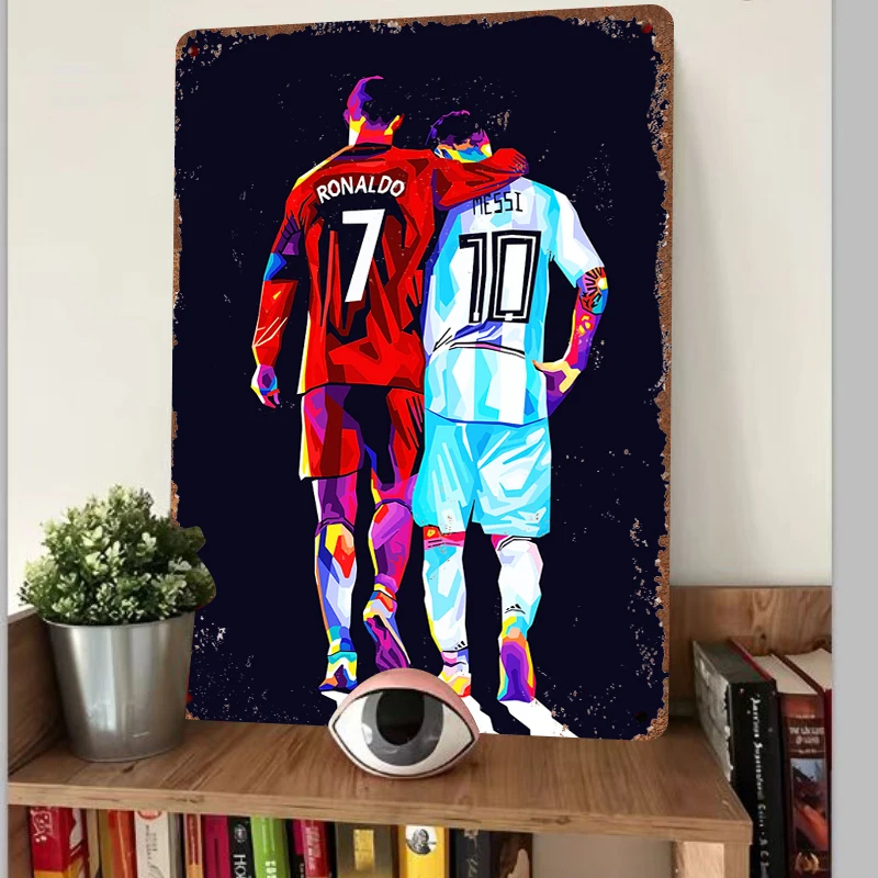 Soccer Stars Messi Ronaldo Back View Art Metal Tin Sign Living Room Bedroom Decorative Wall Hanging Gift