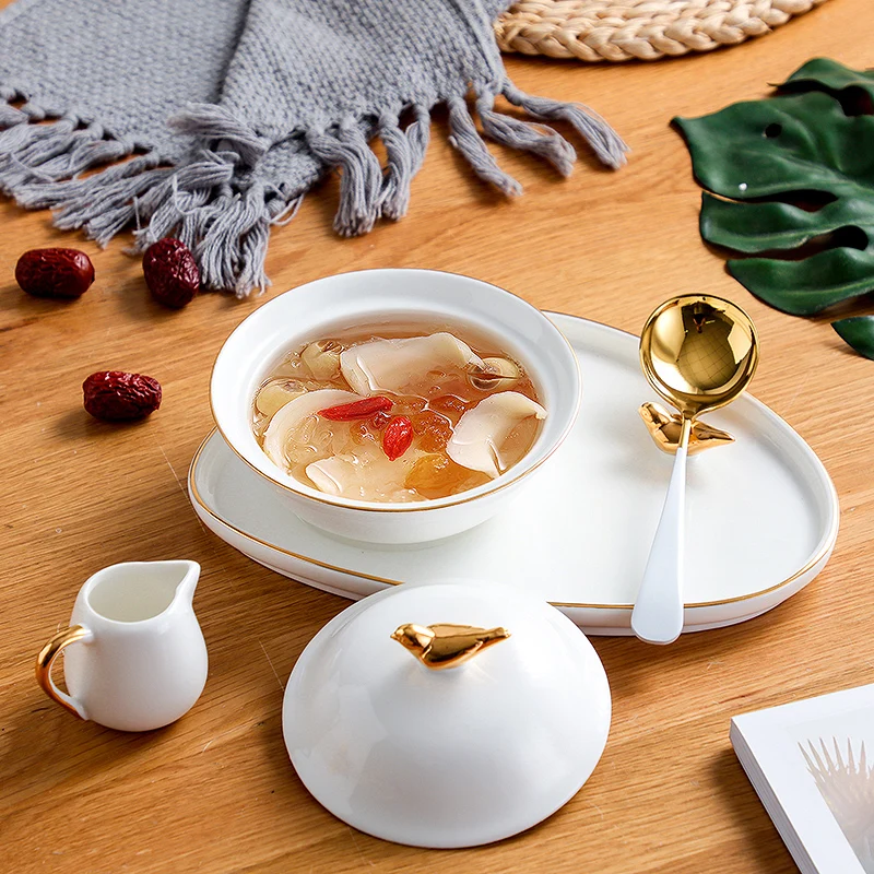 

European style Phnom Penh bird's nest bowl with cover, dessert stew cup, court style ceramic fish glue soup bowl, egg soup bowl