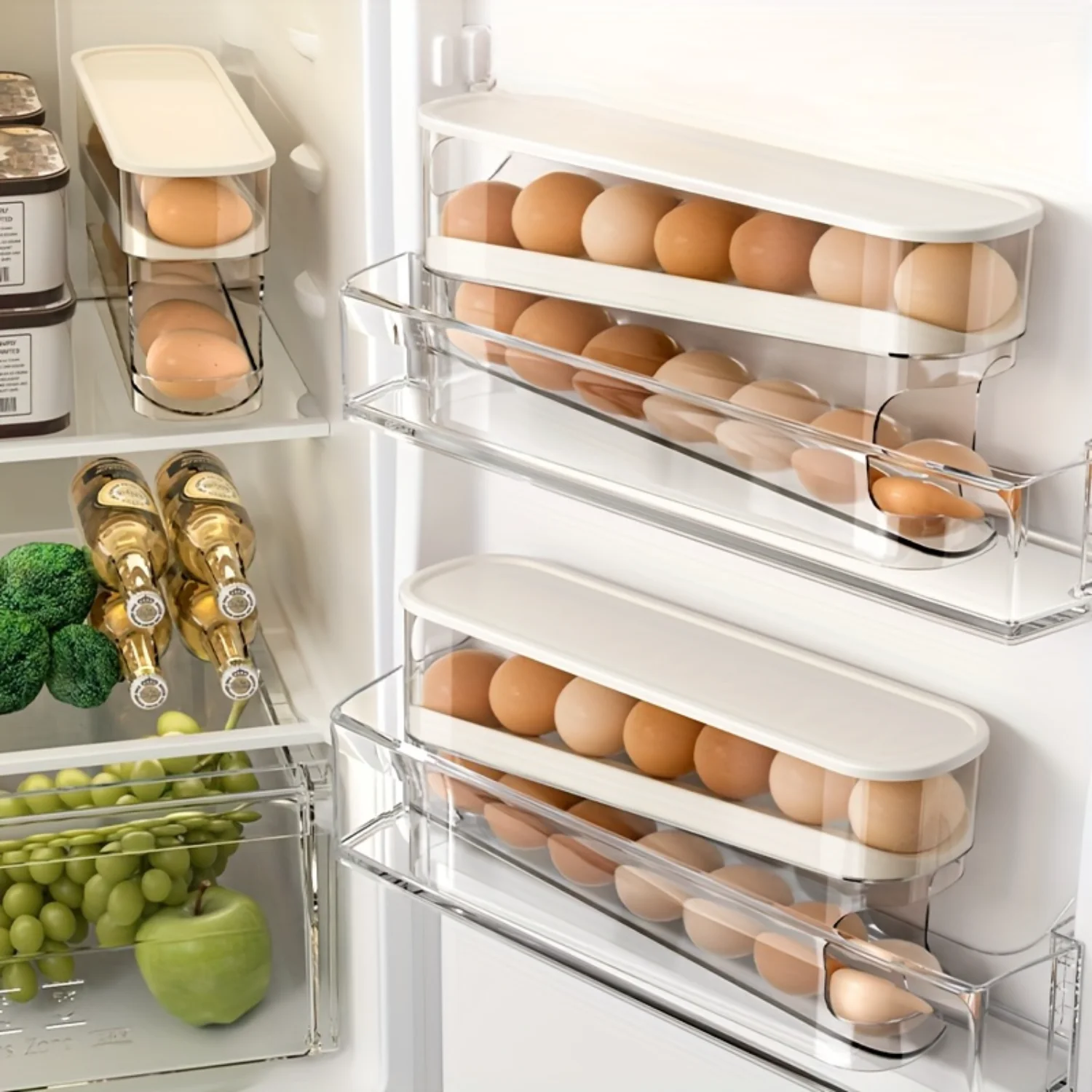 Slide Type 2-layer Egg Carton for Refrigerator Side Door| Automatic Rolling Large Egg Basket| Kitchen Organizer