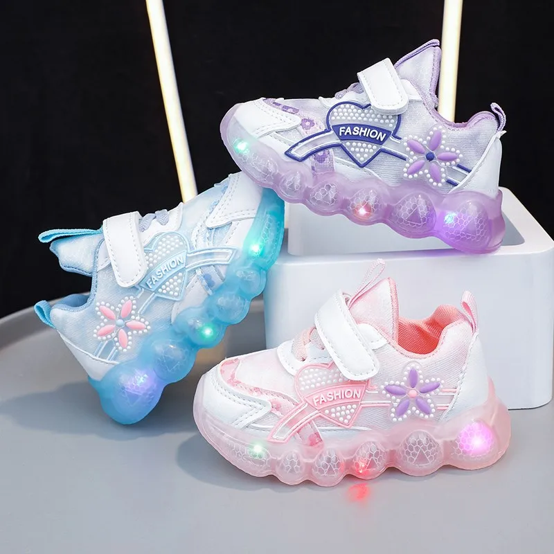 Disney-Baskets de sport lumineuses à LED pour enfants, rose, princesse Elsa, bébé fille, rencontre, dessin animé, mode, chaussures pour enfants, automne