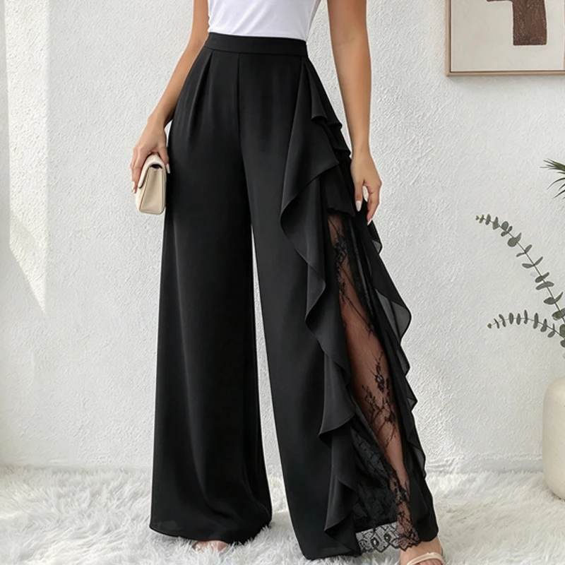 Women's Trousers High Waist Slit Irregular Lace Mesh Loose Casual Women's Wide Leg Pants Fashion Elegant Female Black Long Pants