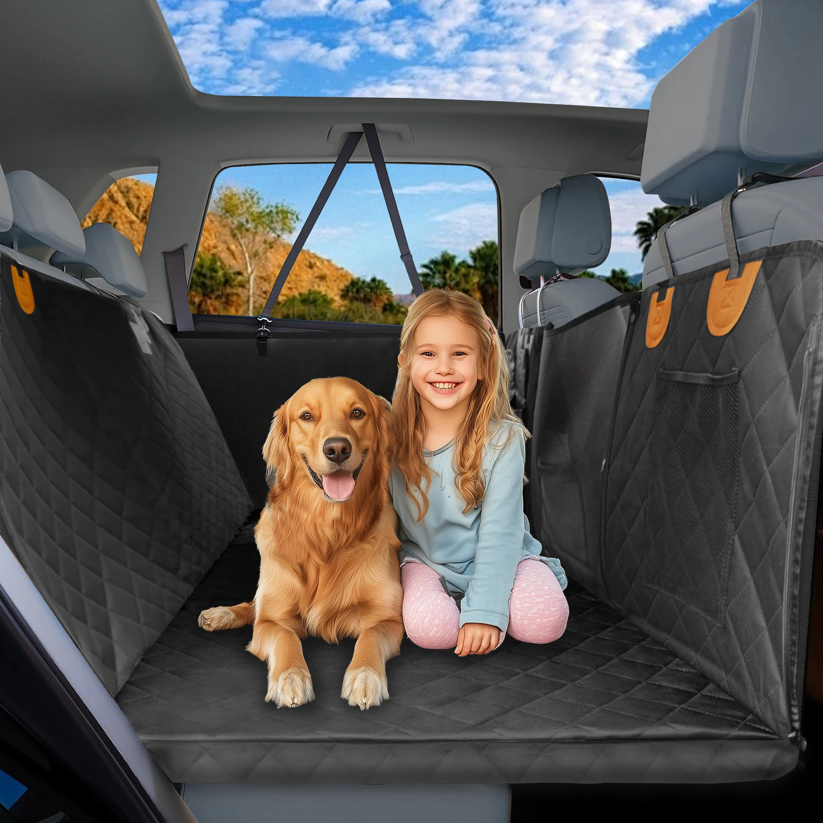

Waterproof Back Seat Extender Dog Car Seat Cover for Back Seat Bed with Mesh Window Storage Pocket Supports 220lbs Dog Hammock