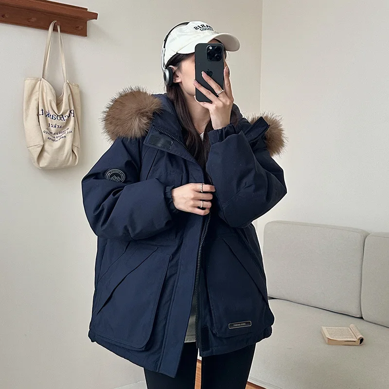 Fashion Winter New Clothing Female White Duck Down Large Fur Collar Hooded Down Jacket Loose Casual Thickened Warm Short Parkas