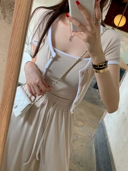 Summer 2025 Casual Spor Tee-Piece Set with Strap Vest Jaet High Waist Wide Leg Pants Ensemble Faionable Women's Suit
