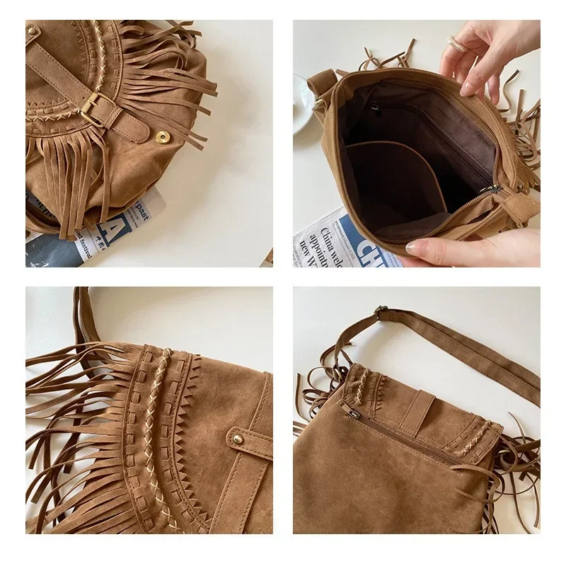 Designer Suede Saddle Bags for Women Vintage Tassel Shoulder Bags Luxury Female Crossbody Bags Korea Fashion Travel Bags