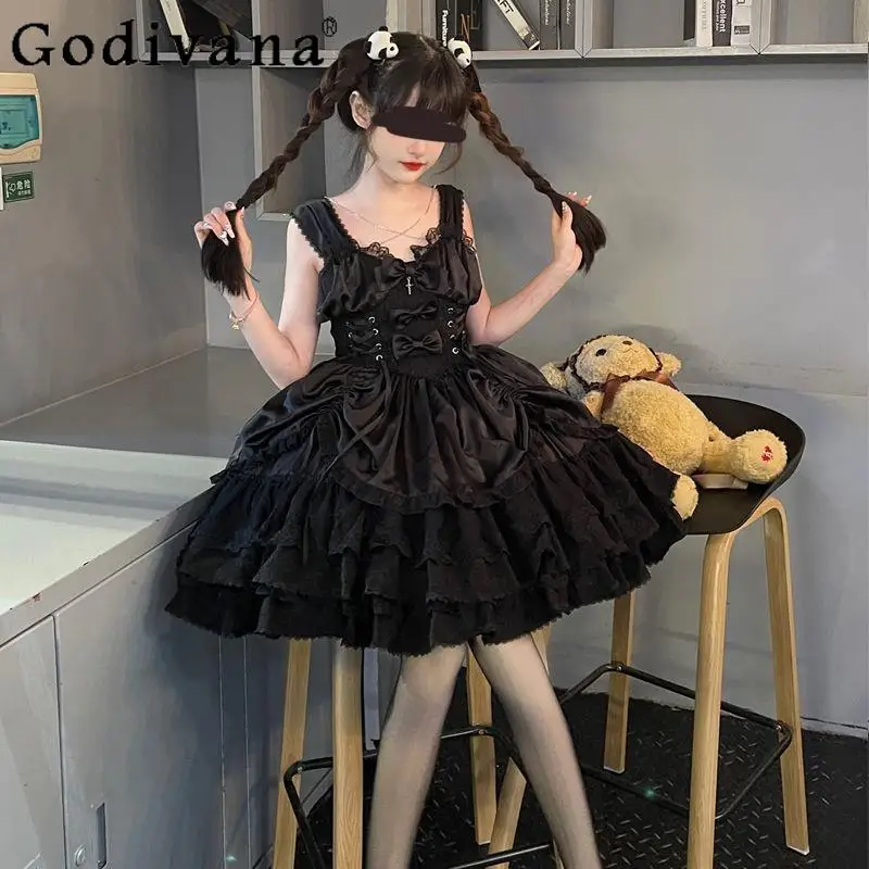 

Original Design Lolita Dress for Women Dark Gothic Style Princess JSK Strap Dress Female Summer Black Shirt and Dress Set
